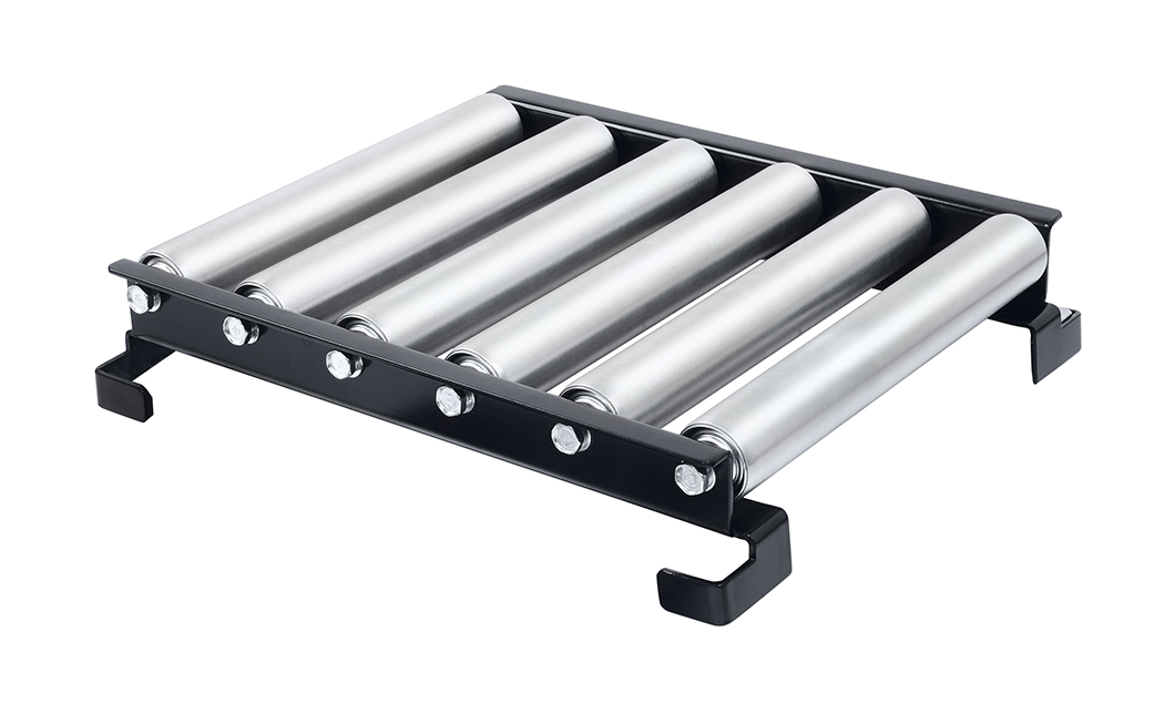 Przenośnik rolkowy OHAUS i-C71 458x458 mm — stalowe rolki w czarnej ramie z haczykami montażowymi — widok z góry