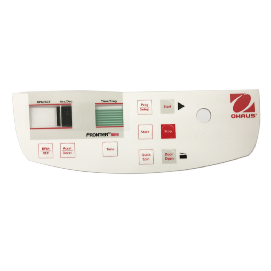 Nakładka panelu sterowania wirówki OHAUS FC5816 Frontier — membrana z przyciskami RPM/RCF, Start, Stop — widok z przodu